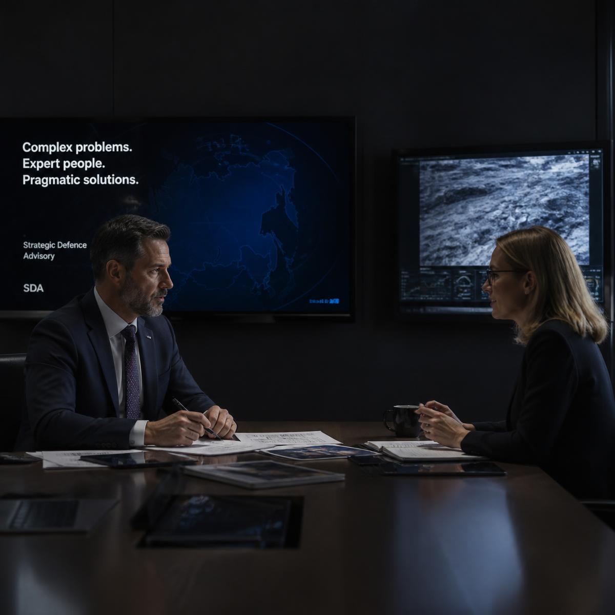 Two advisors reviewing programme documentation in a briefing room
