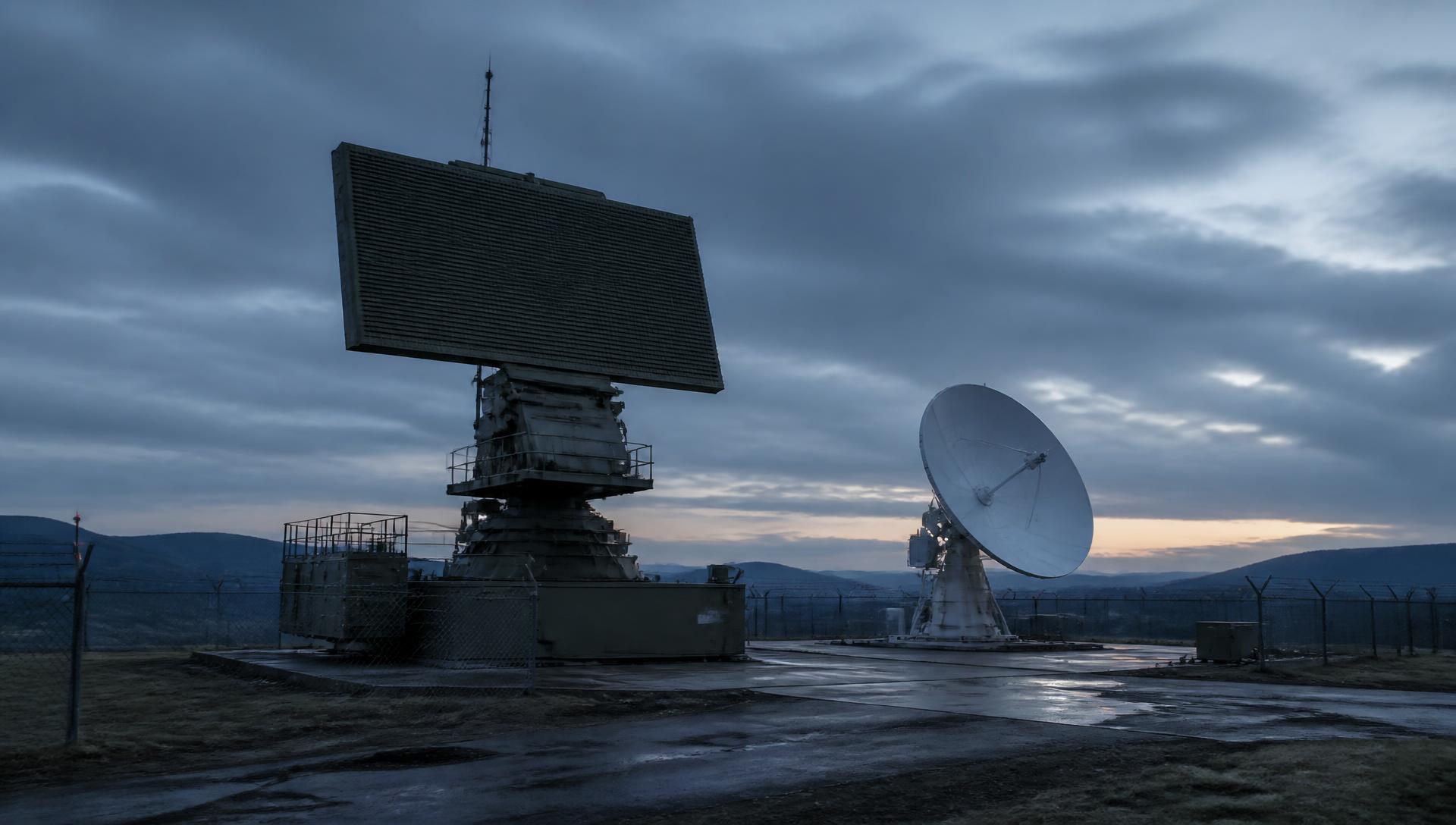 Radar installation and unmanned aerial vehicle at dusk over the Swedish coastline
